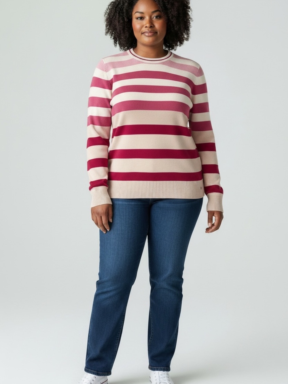 Women's Striped Crewneck Sweater in Pink and Cream